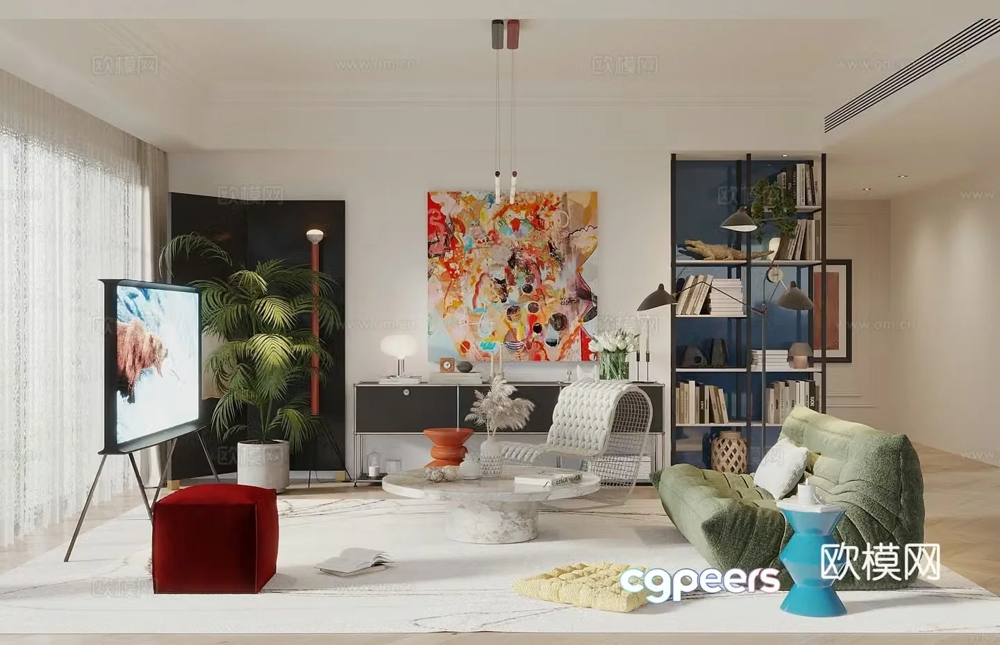 Bauhaus living room modern living room shelf screen green plants lazy sofa mobile TV 3d model