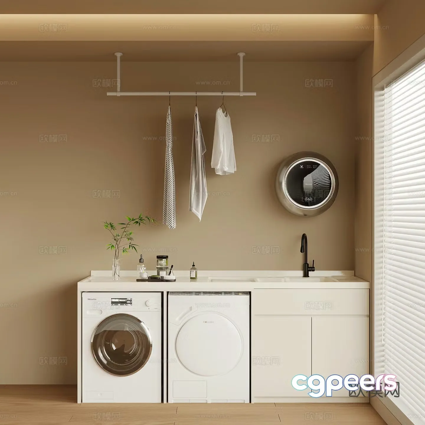 Modern washing machine cabinet balcony cabinet clothes rail clothes drying rack 3d model