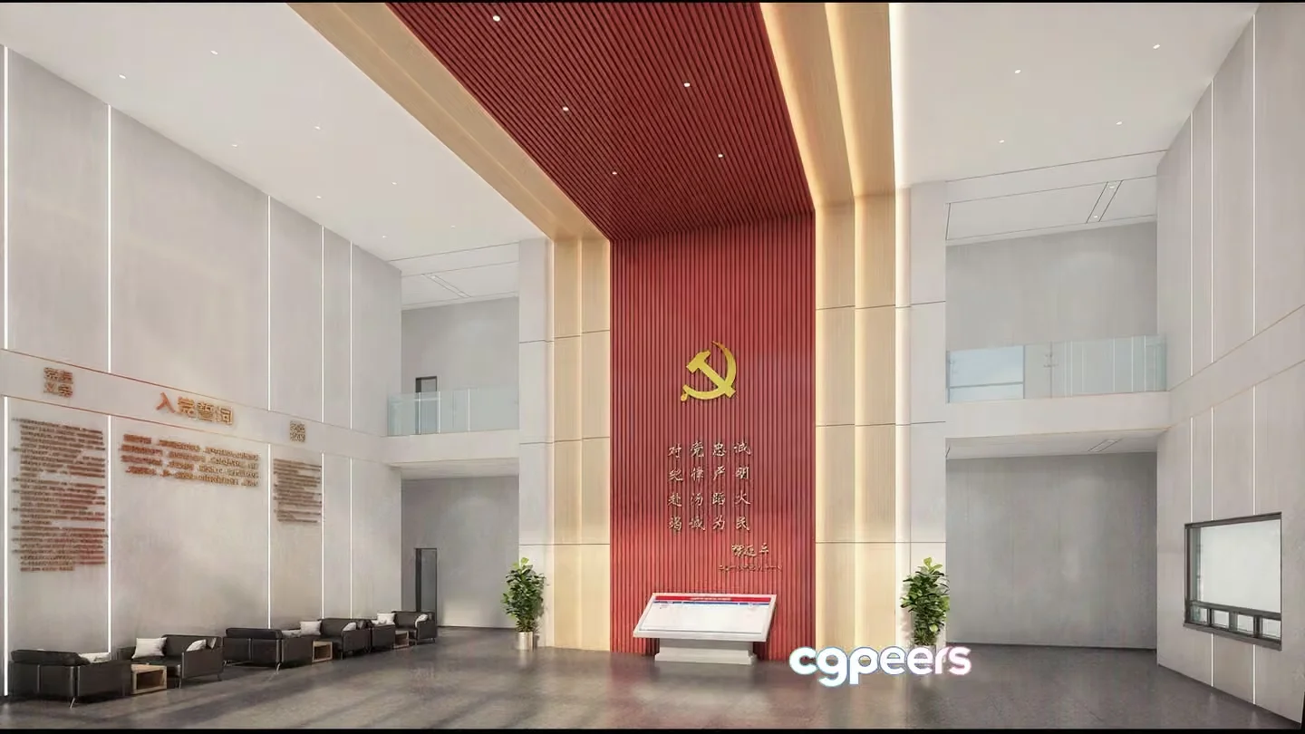 The Main Subject Is A Large Room With A Red Wall And A Yellow Hammer 3D Model – 5324 – VRAY Render