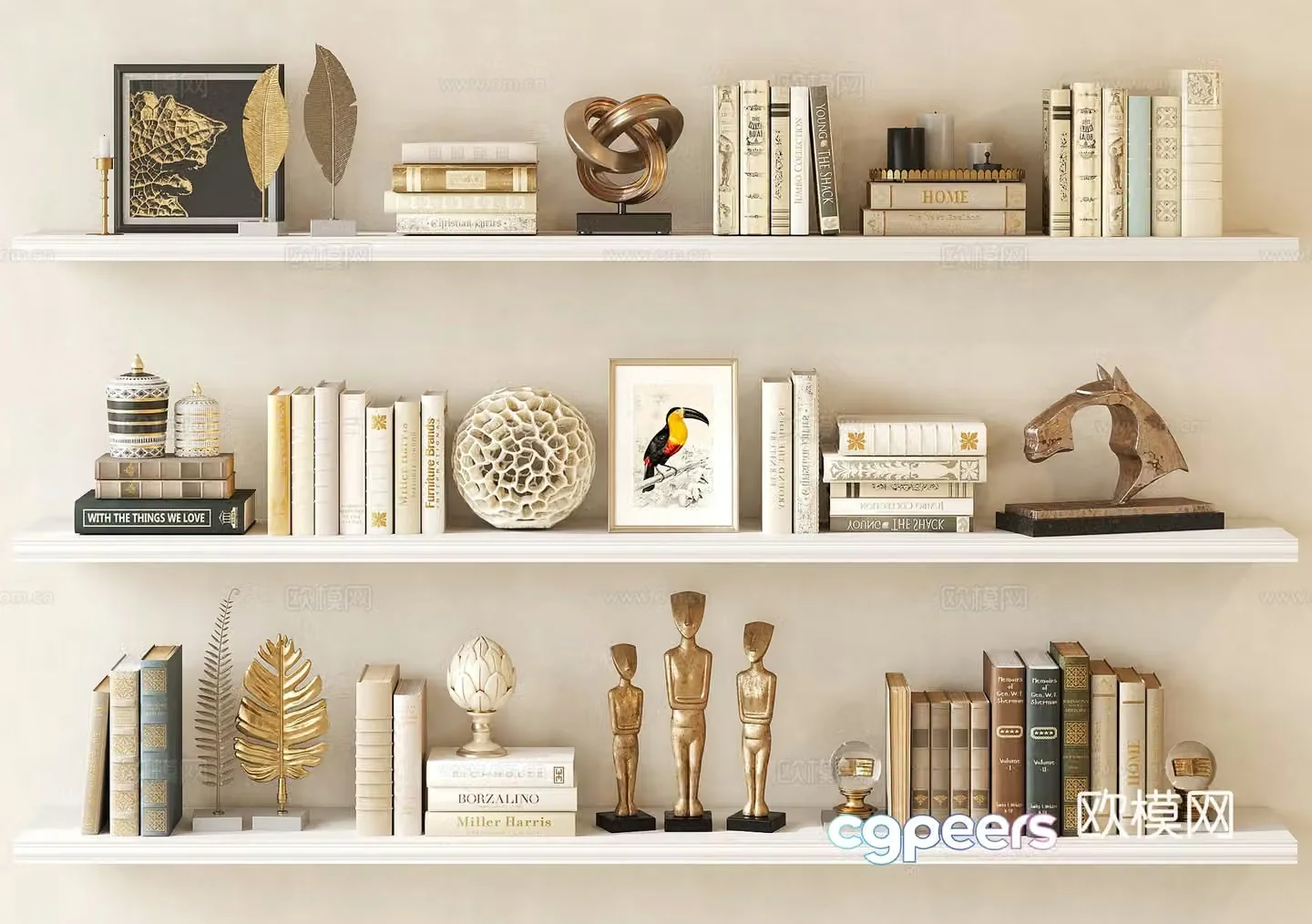 French retro ornaments books old objects golden ornaments sculpture 3d model