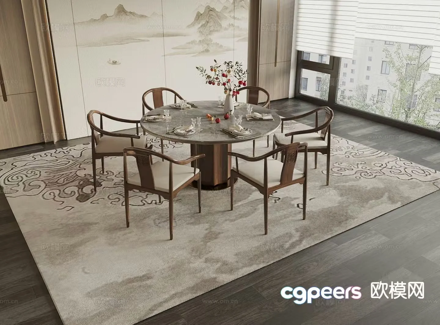 New Chinese round table dining table and chairs 3d model
