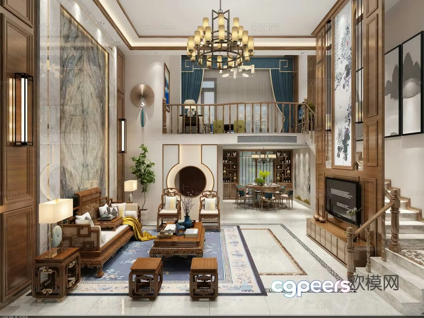 Chinese living room dining table chair sofa coffee table chandelier desktop ornament 3D model of hanging paintings