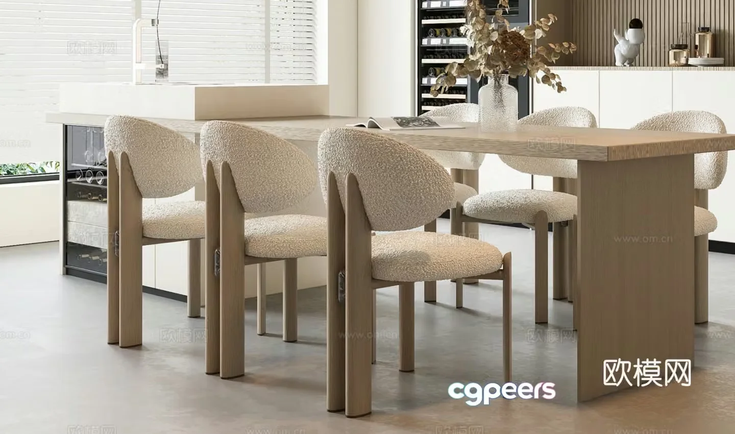Creamy dining table and chair combination 3D model
