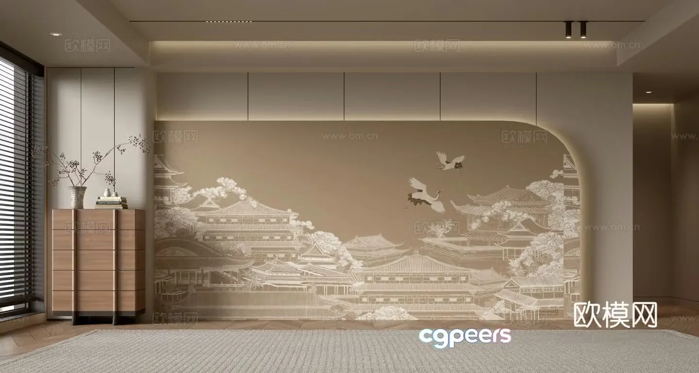Middle-aged sofa background wall ancient building painting background 3d model