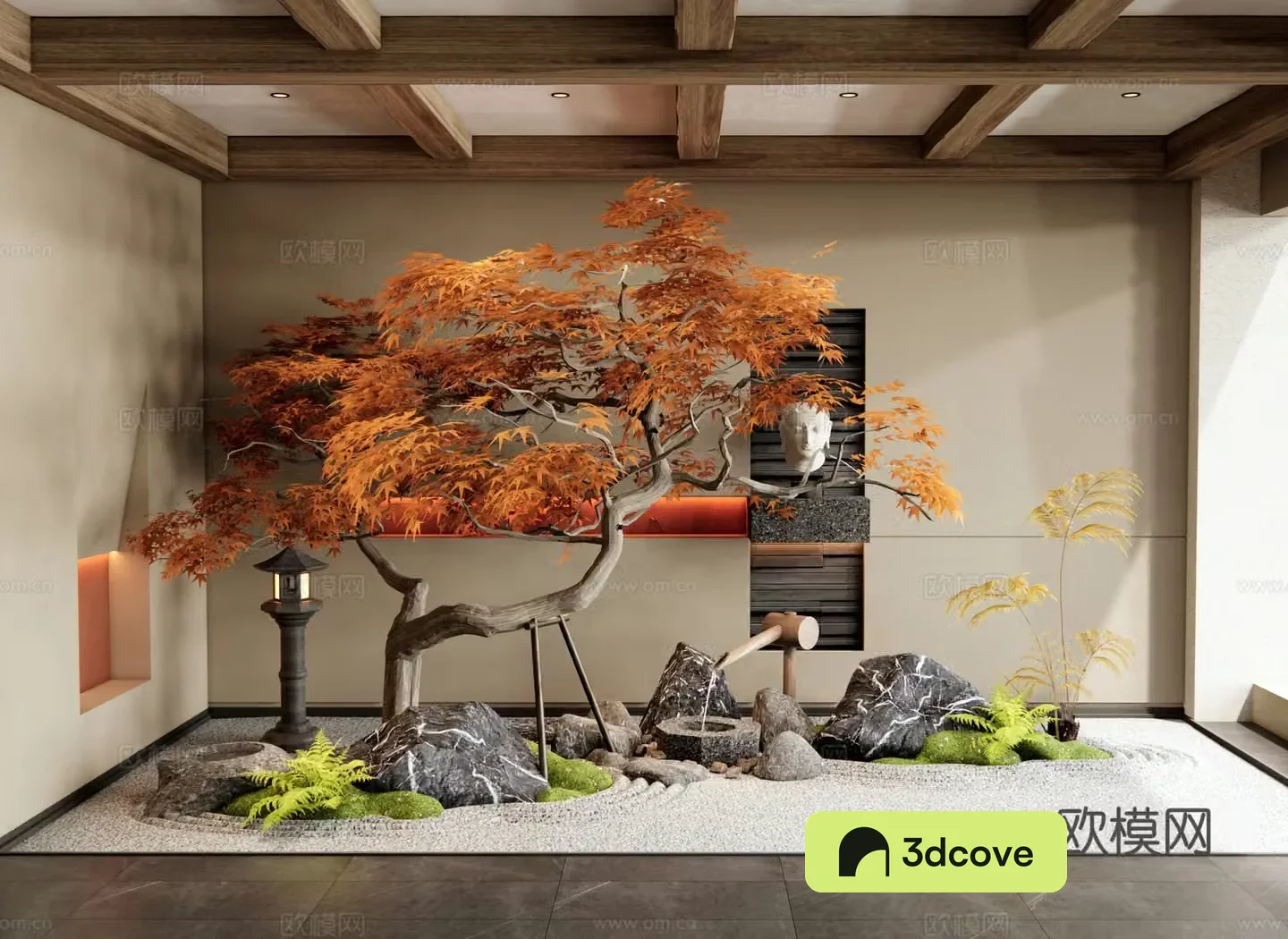 New Chinese-style interior landscape garden sketches Dead landscape red maple landscape tree stone