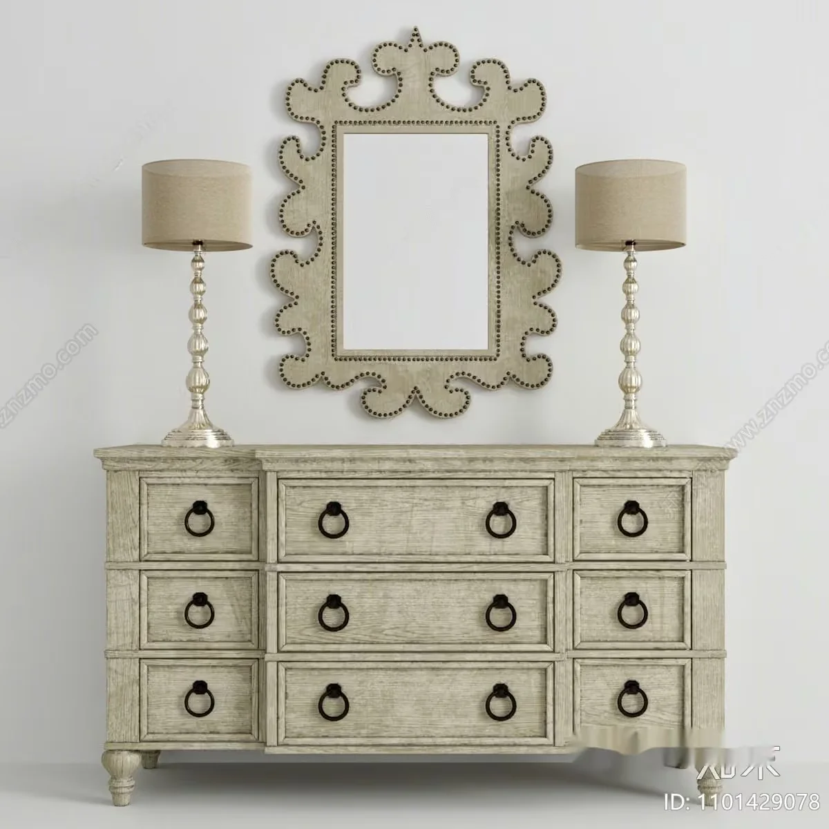 Vintage Dresser And Mirror 3D Model – 17123 – VRAY Render