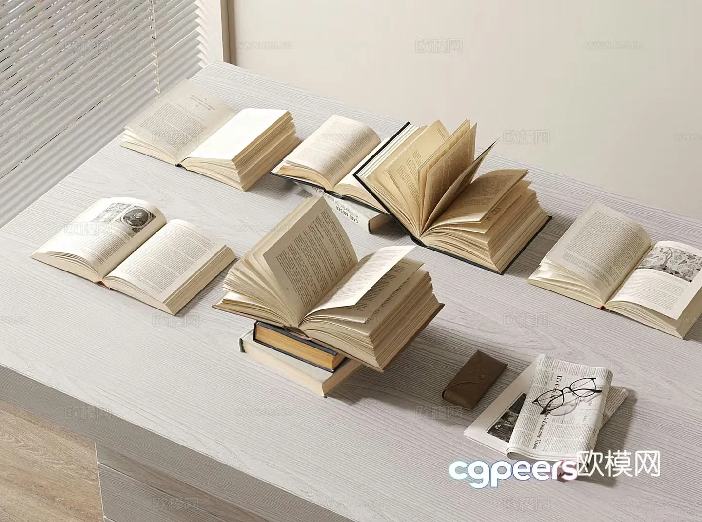 Modern book combination Open books Newspaper Foreign books 3d model