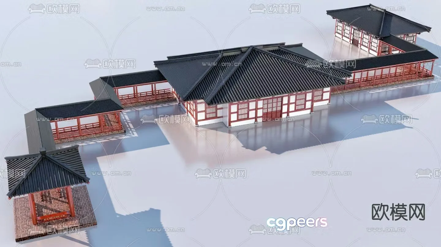 Chinese ancient building corridor pavilion wing 3d model