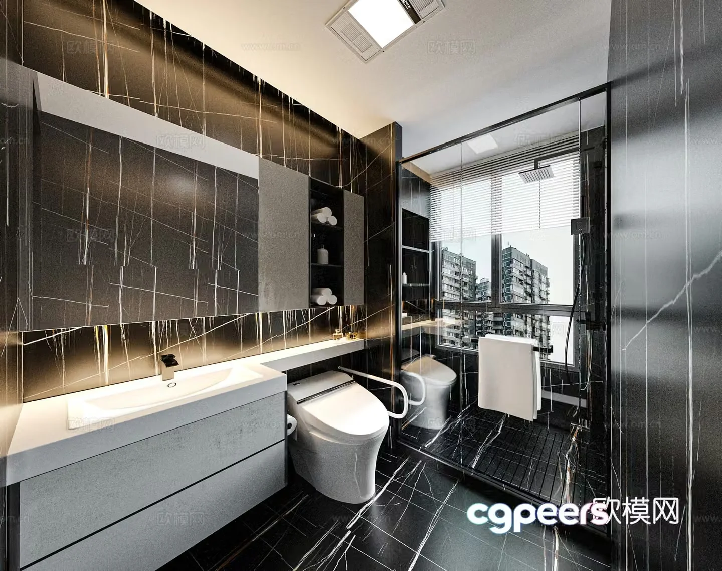 Modern light luxury hotel bathroom Modern light luxury black and white gray bathroom Minimalist public bathroom Light luxury 3D model