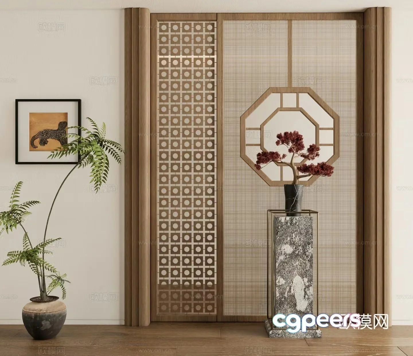 New Chinese style screen lattice screen flower stand 3D model