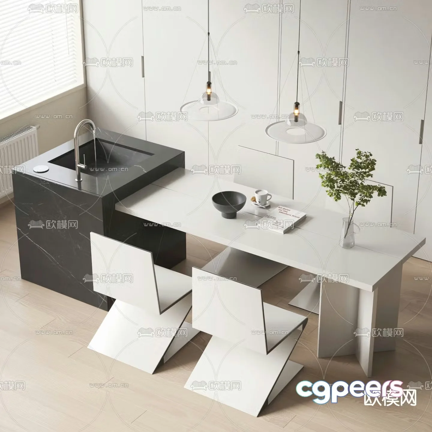 Island dining table and chairs 3d model