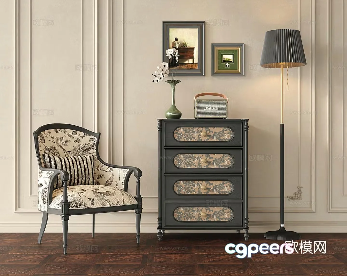 French retro sofa chair single sofa chest cabinet entrance cabinet storage cabinet 3d model