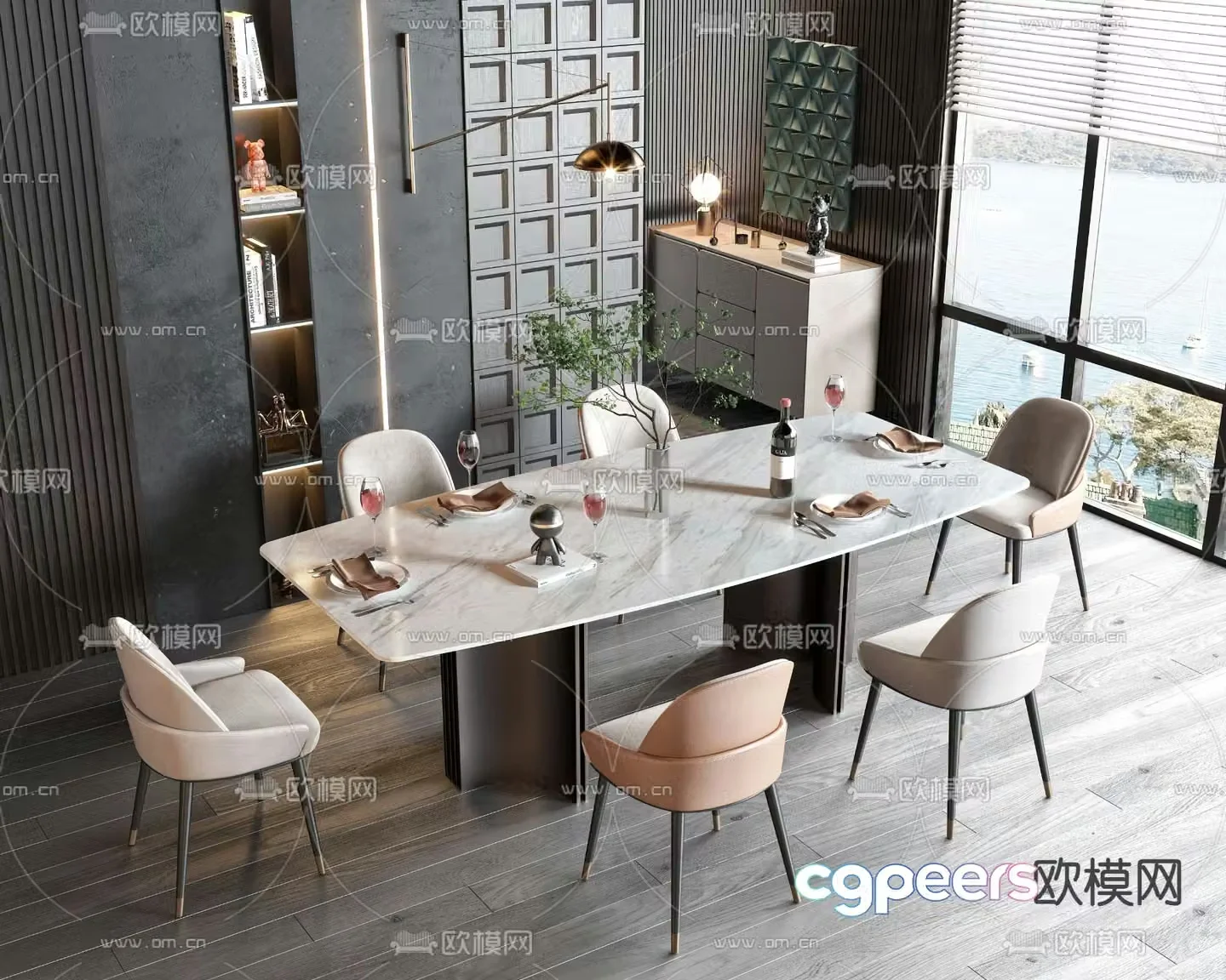 Long dining table and chairs 3d model