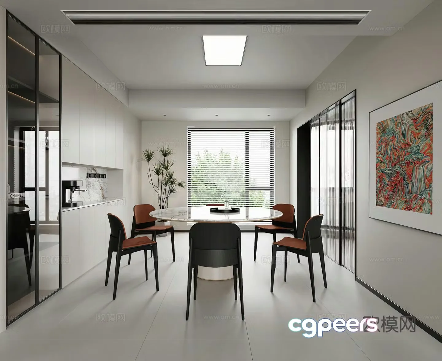 Modern restaurant Round dining table Wine cabinet Simple ceiling light Modern living restaurant Simple 3D model