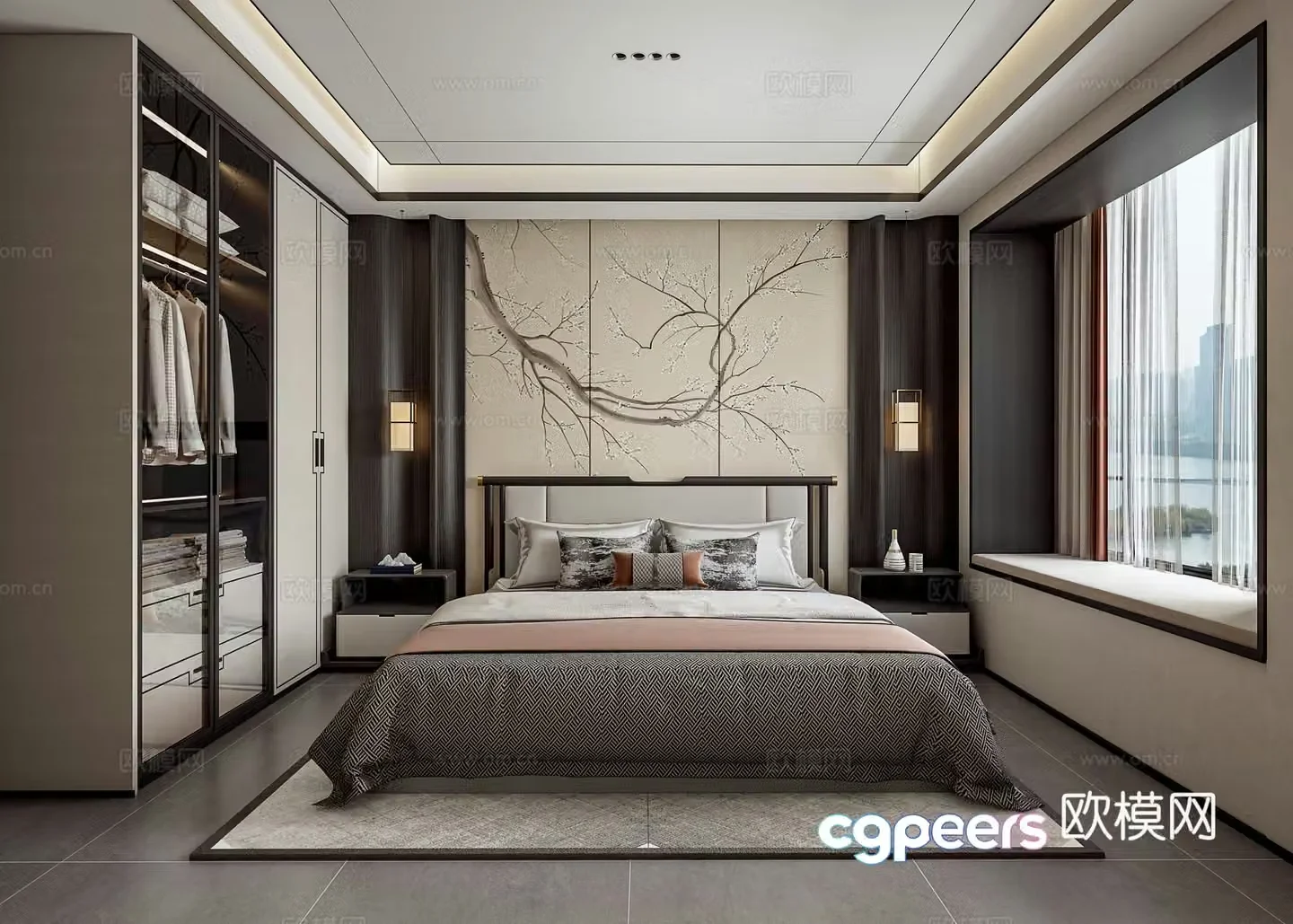 New Chinese style bedroom bay window elderly room 3D model