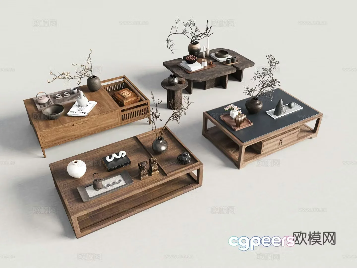 Chinese coffee table combination New Chinese coffee table combination Wavia medieval tea table solid wood coffee table coffee table 3D model
