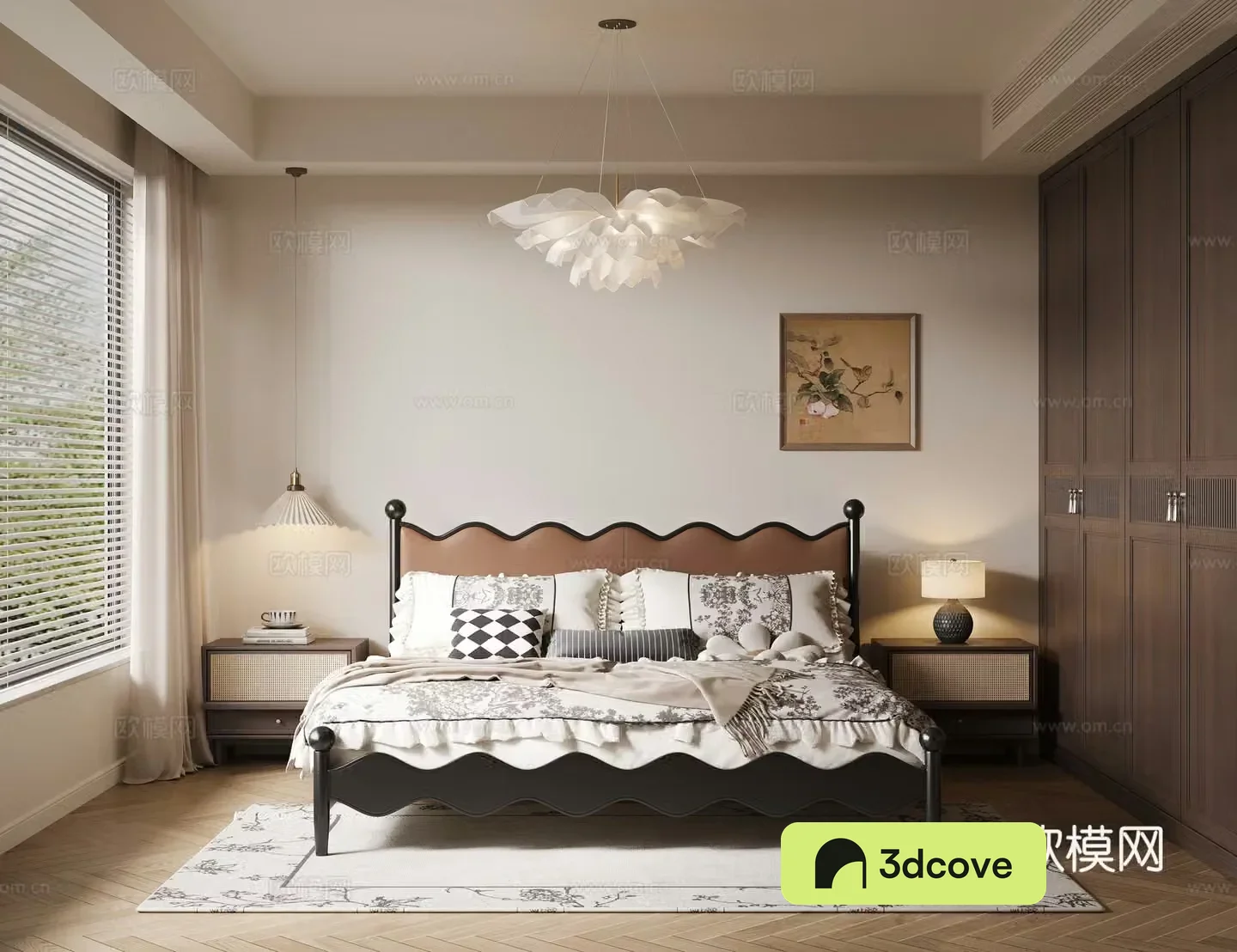 French retro bedroom French double bed retro wardrobe chandelier hanging painting retro bedside table