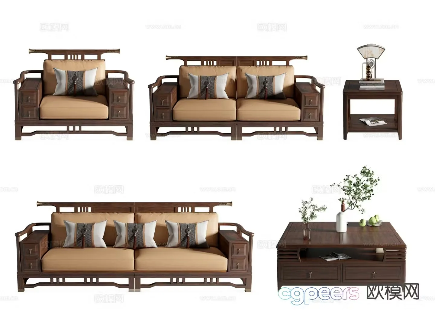 New Chinese coffee table single sofa double sofa 3D model