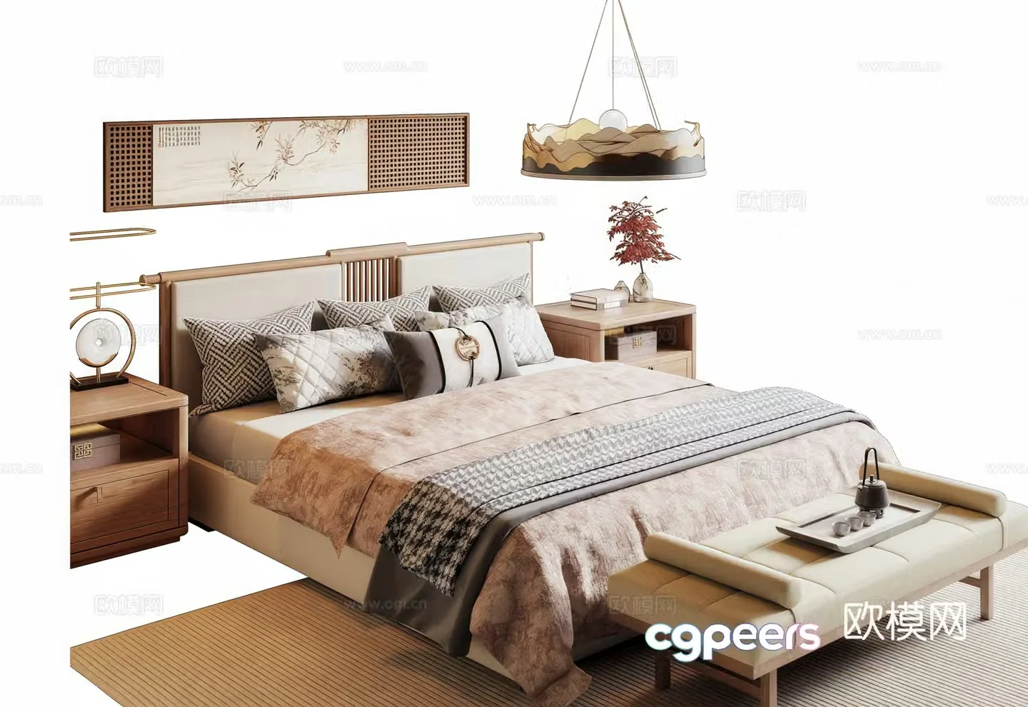 New Chinese Song style double bed chandelier bed nightstand decorative painting 3D model