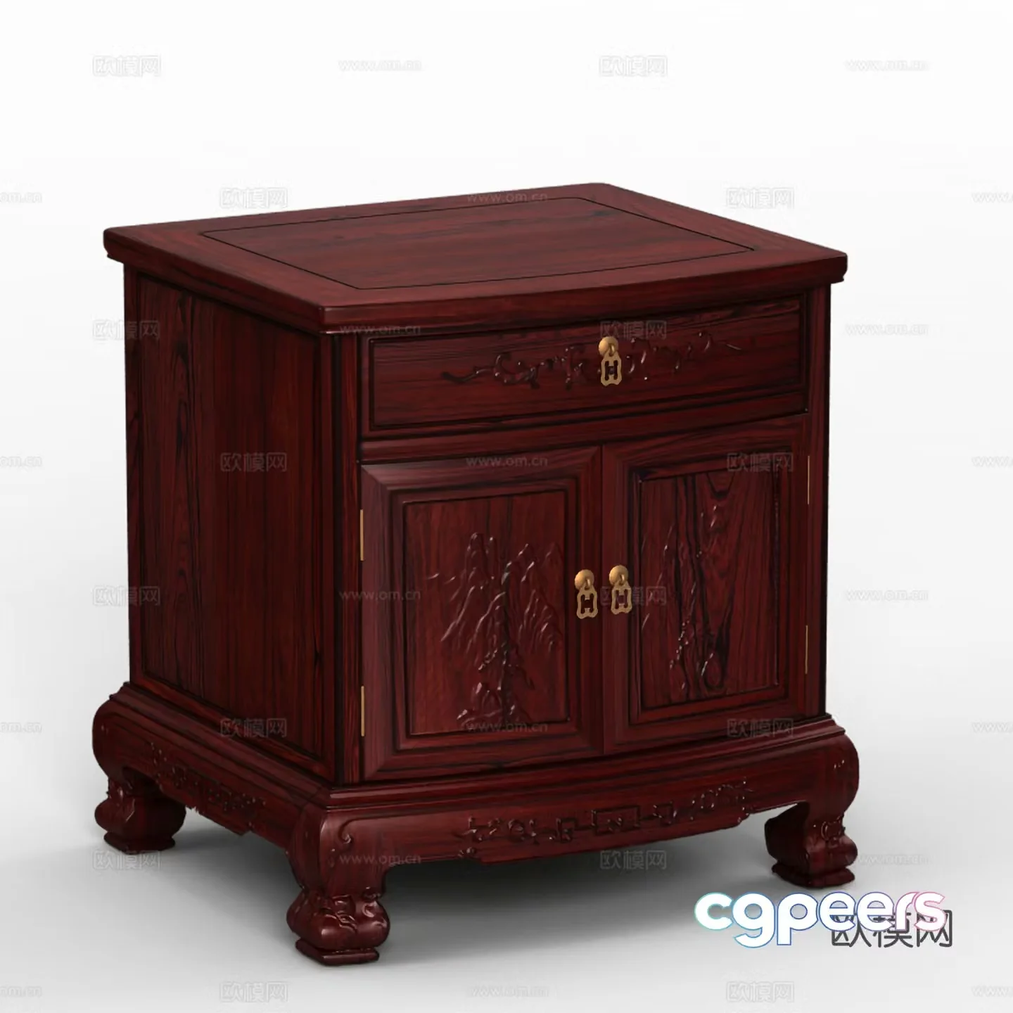 Chinese style bedside table carved cabinet door solid wood mahogany 3D model