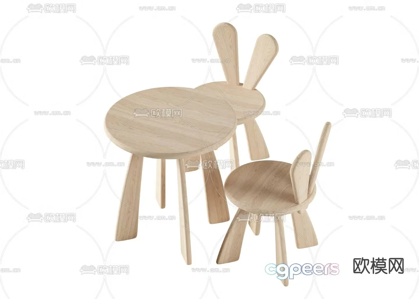 Nordic solid wood rabbit ear children’s table and chair 3d model