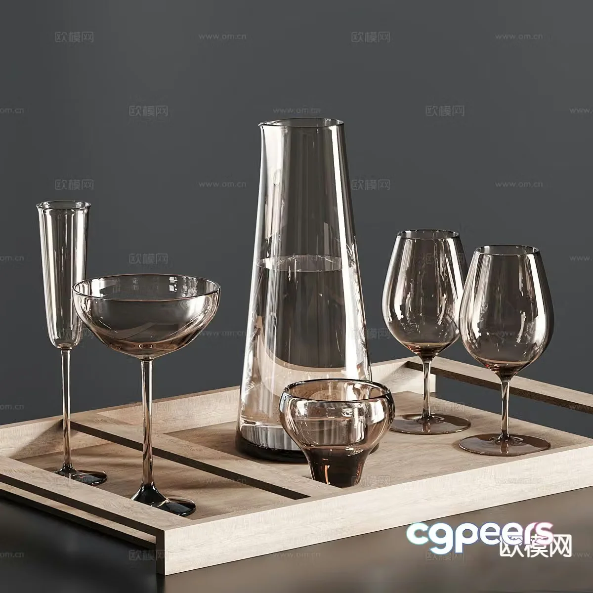 Modern water cup ornaments glass cup glass kettle tea tray 3d model