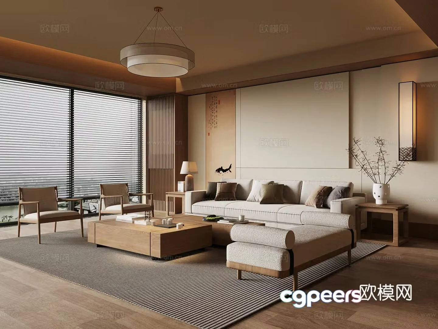 New Chinese style living room sofa coffee table combination chandelier 3d model