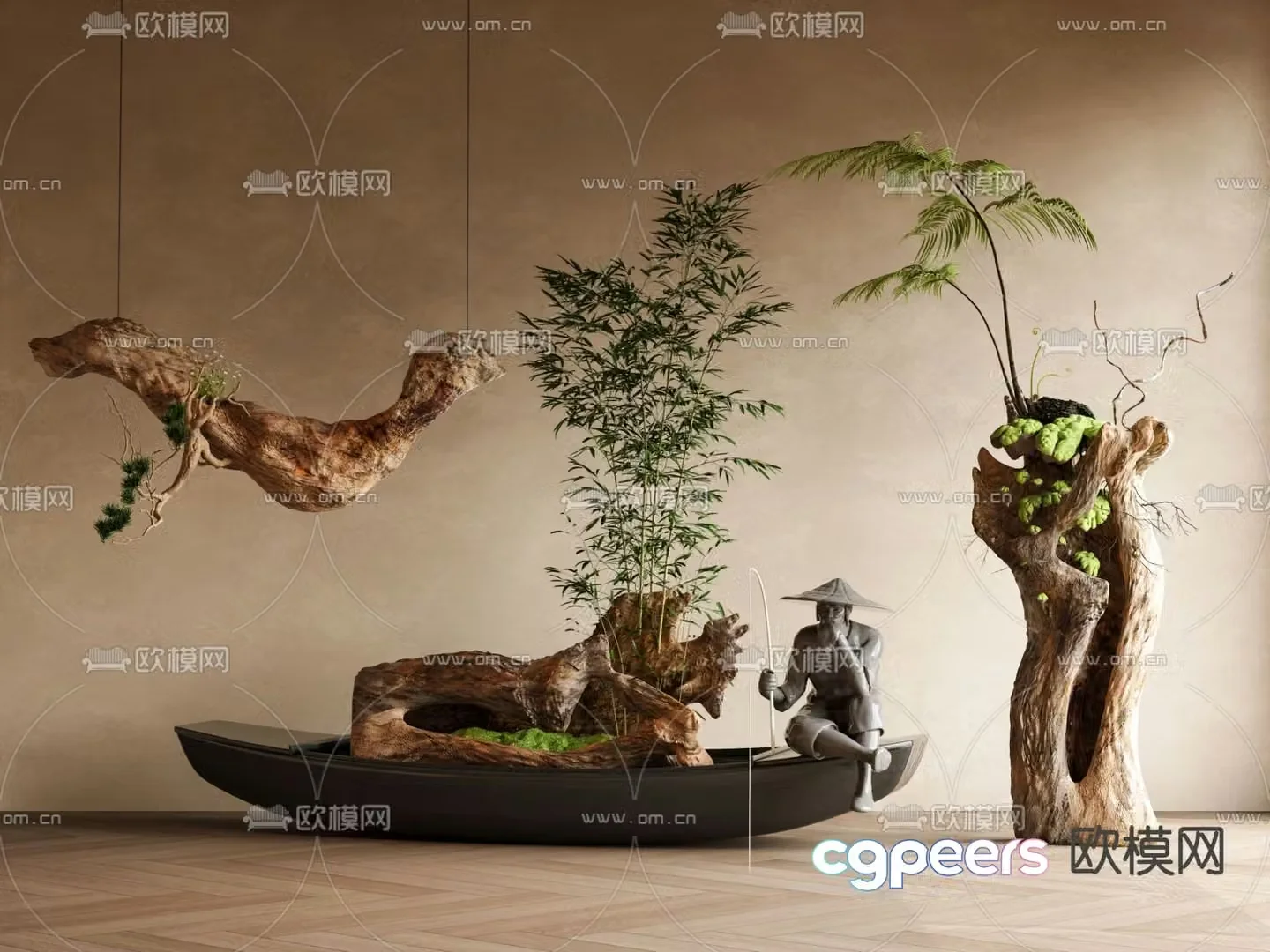 Indoor landscape dead wood sketch hanging device 3d model