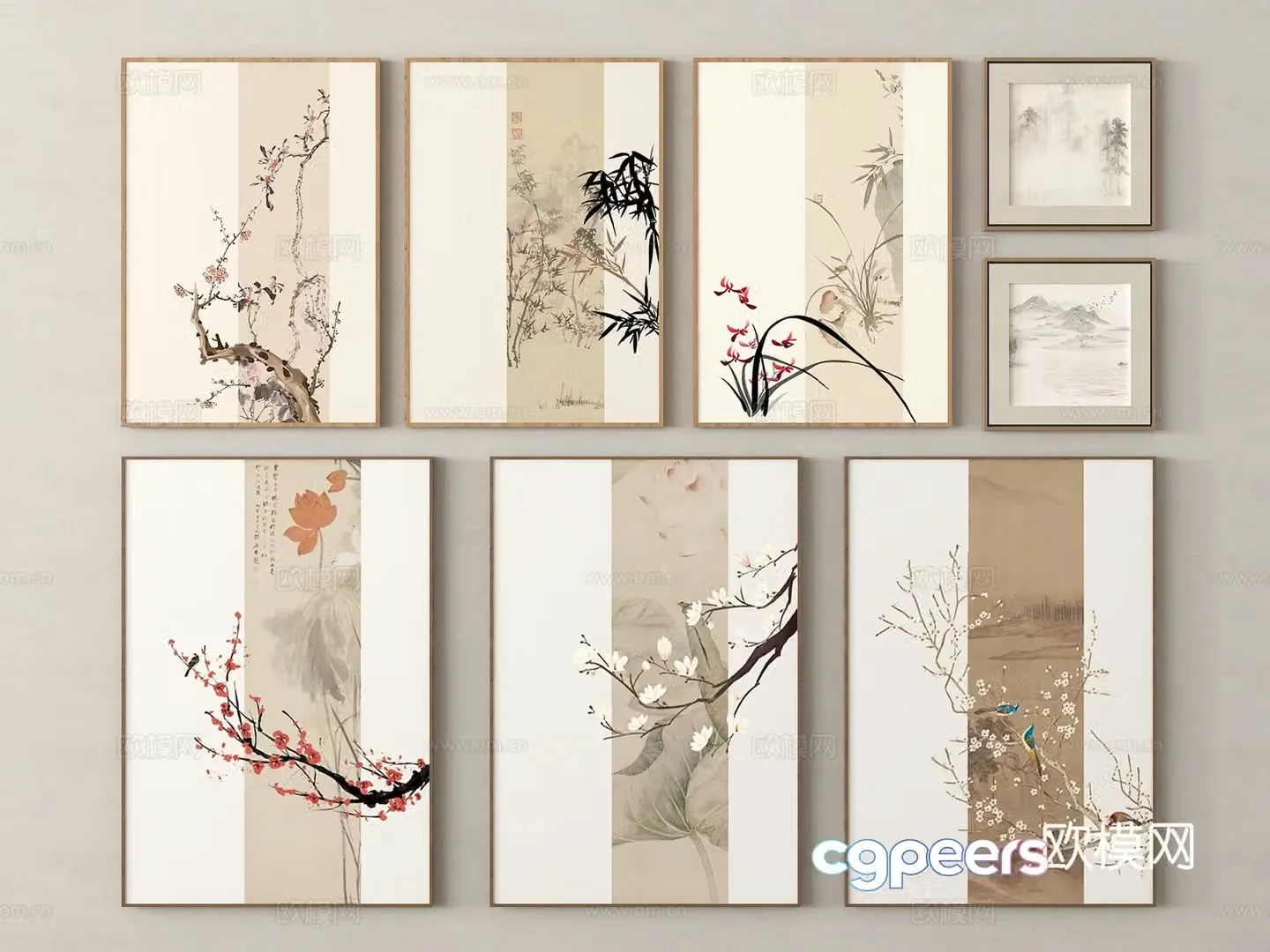 New Chinese style hanging painting combination decorative painting 3D model