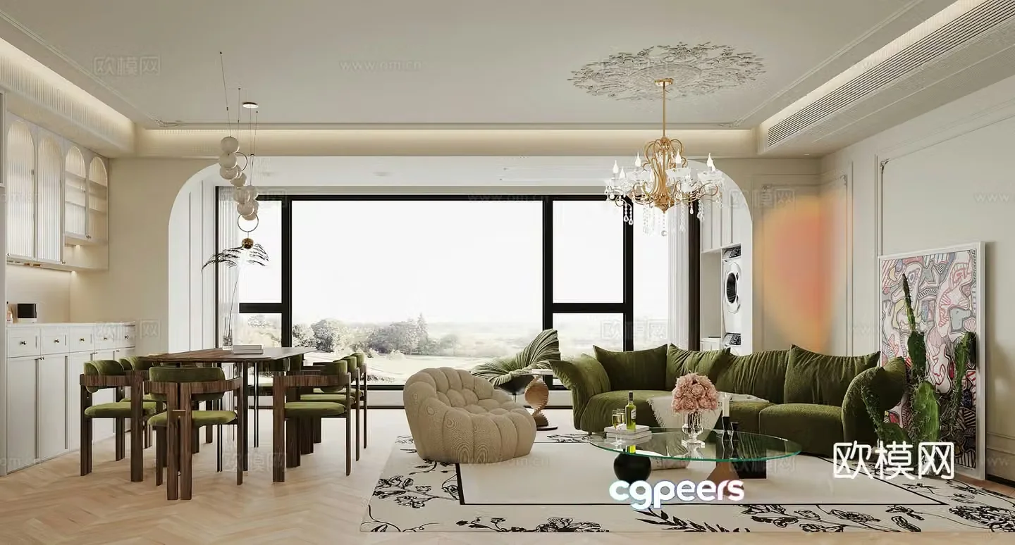 French living room and dining room combination sofa dining table retro leisure chair modern living room light luxury living room 3d model