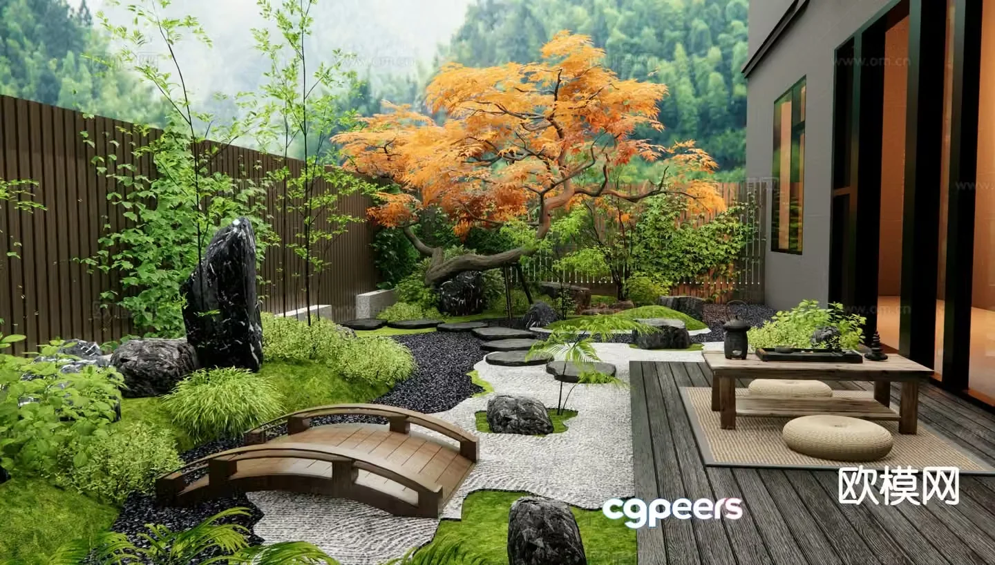 Courtyard landscape dry landscape landscaping wooden bridge 3D model