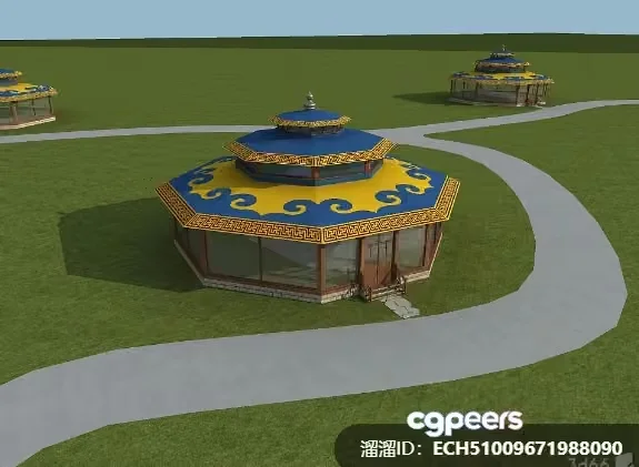 A Mongolian Ger With A Yellow And Blue Roof 3D Model – 8738 – VRAY Render
