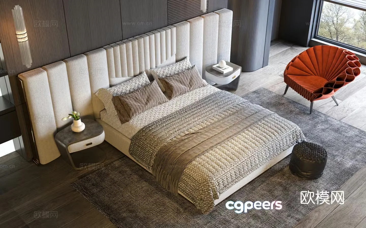Modern Italian double bed Light luxury double bed Modern bedroom Bedside back bed bed Single chair Double 3D model