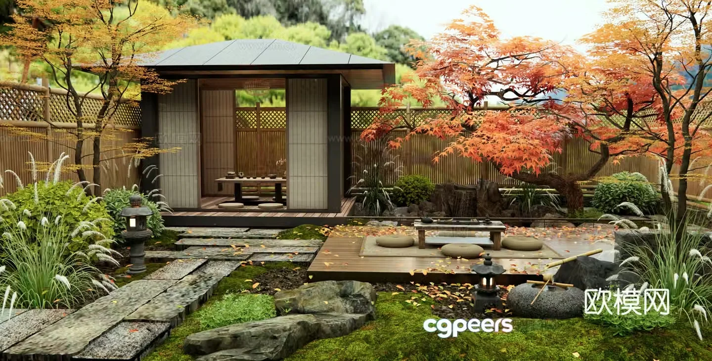 New Chinese Zen courtyard landscape rockery waterscape stone road tingpu pavilion stone red maple 3d model