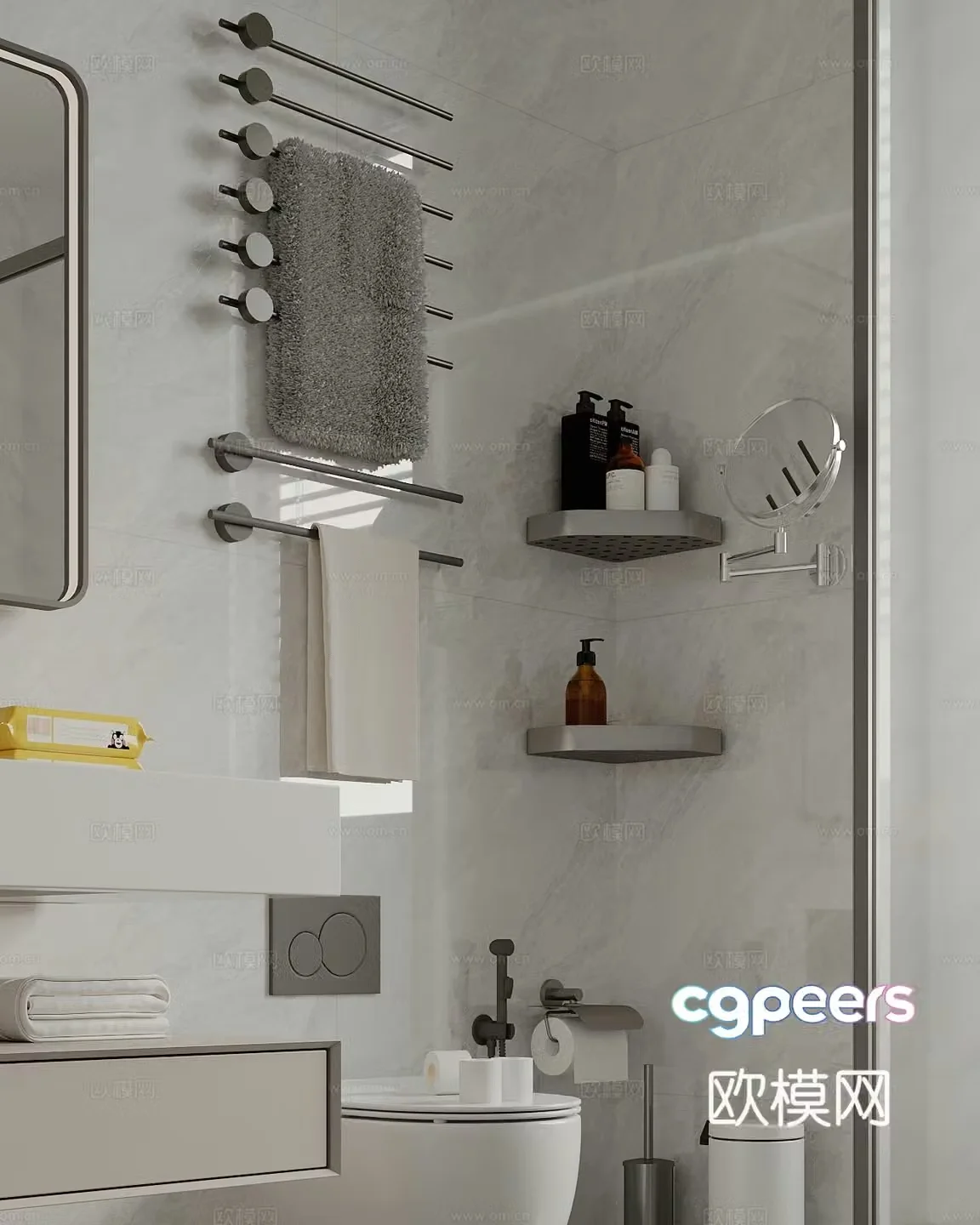 Bathroom supplies combination Towel rack Toilet rack Toilet Folding makeup mirror Bathroom 3D model