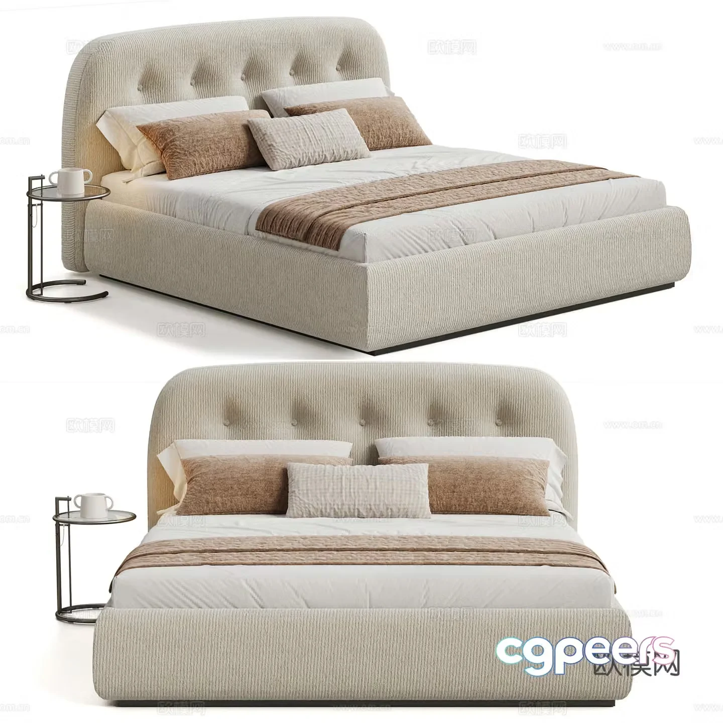Modern cream style double bed Nordic double bed Cream style fabric double bed Chenille fabric 3D model