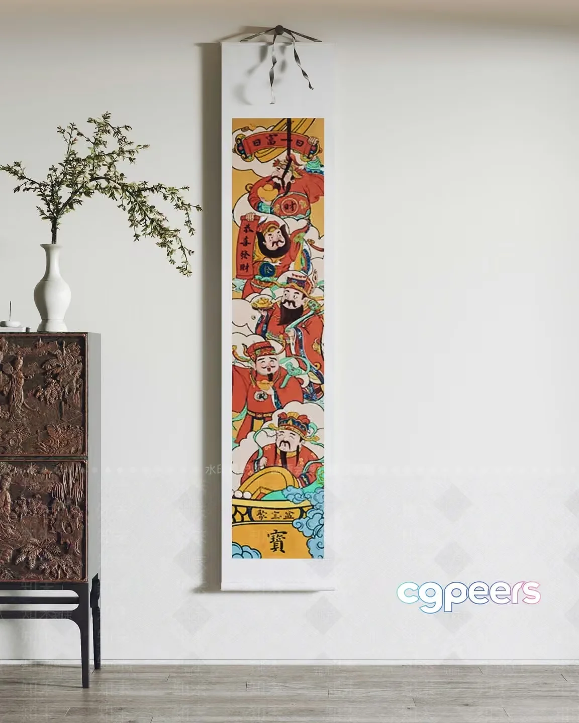A Colorful Asian-Style Scroll Hangs On A Wall 3D Model – 20736 – VRAY Render