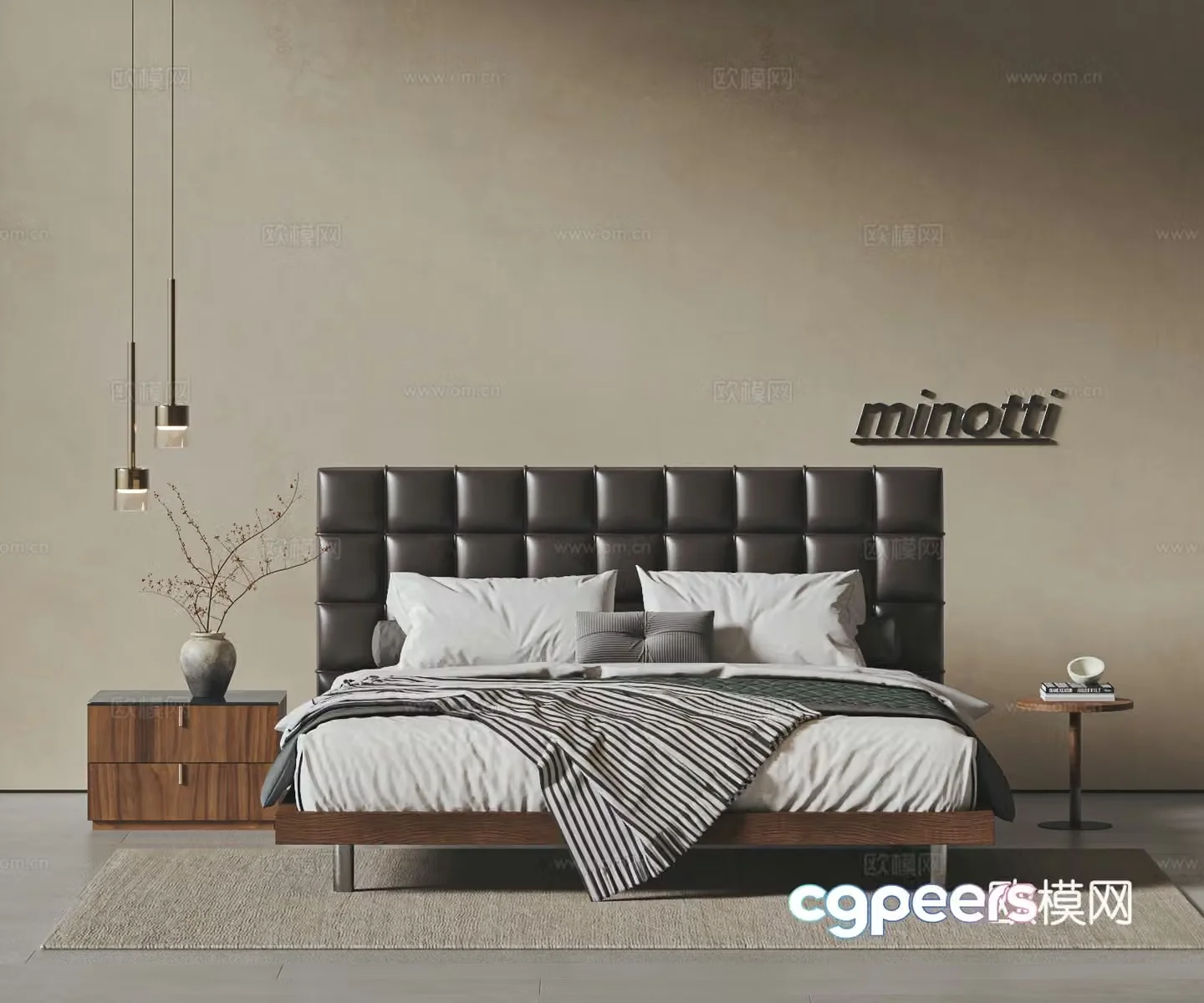 Middle style double bed Chocolate bed Leather double bed Bedside table Bedside chandelier Bedding 3D model