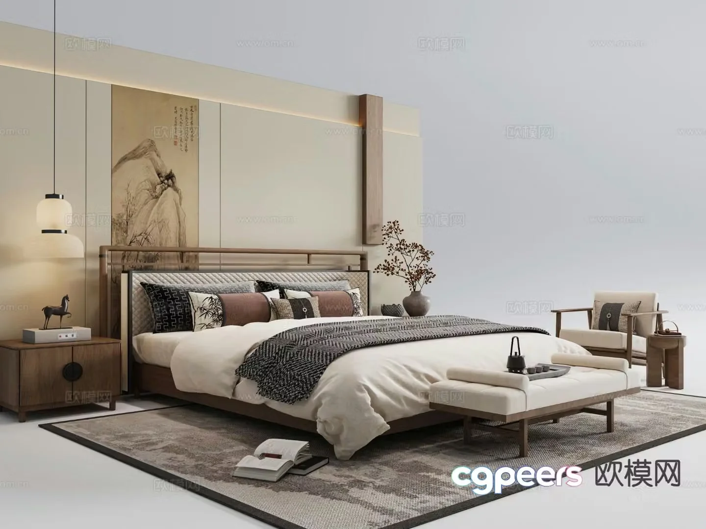 New Chinese style double bed 3d model