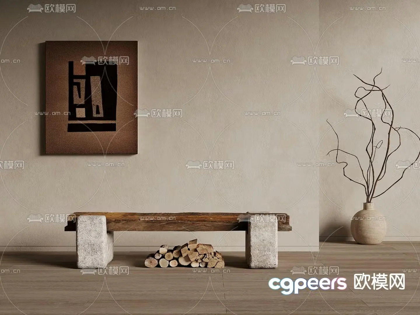 Wabi-sabi style stone stool bench 3d model