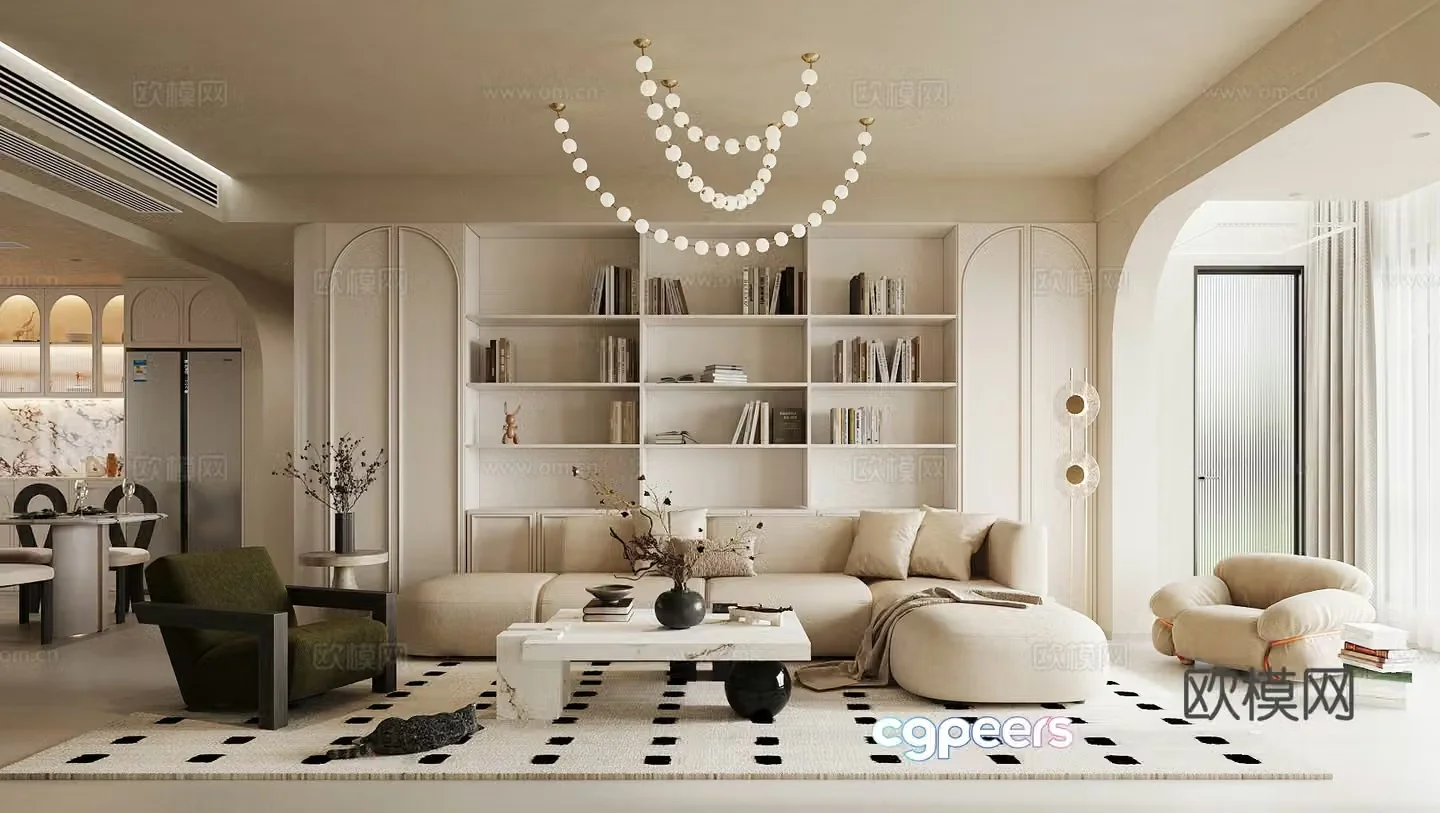 French home living room creamy living room sofa coffee table combination solid wood bookcase 3D model
