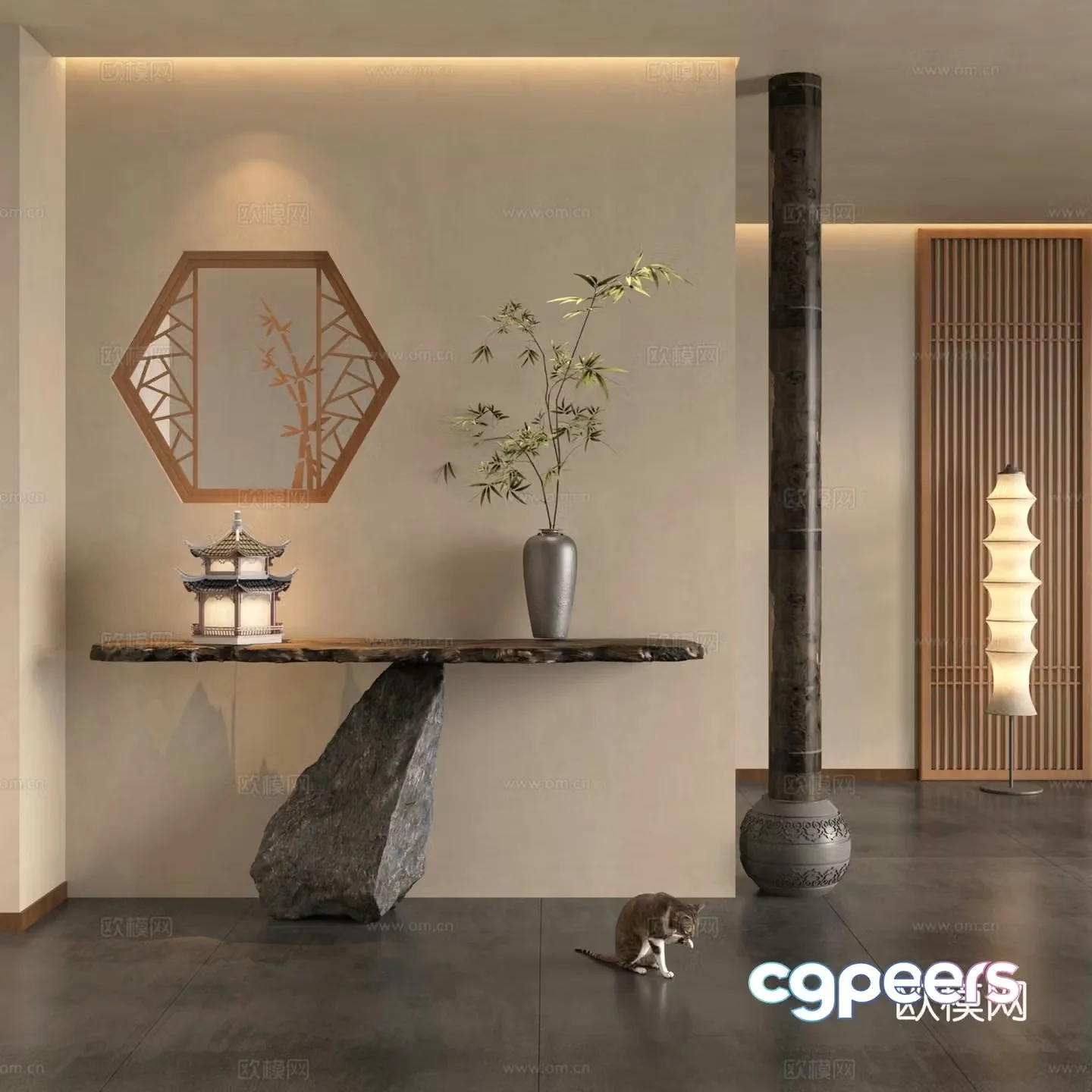 New Chinese style partition entrance partition stone end viewing platform column lattice 3D model