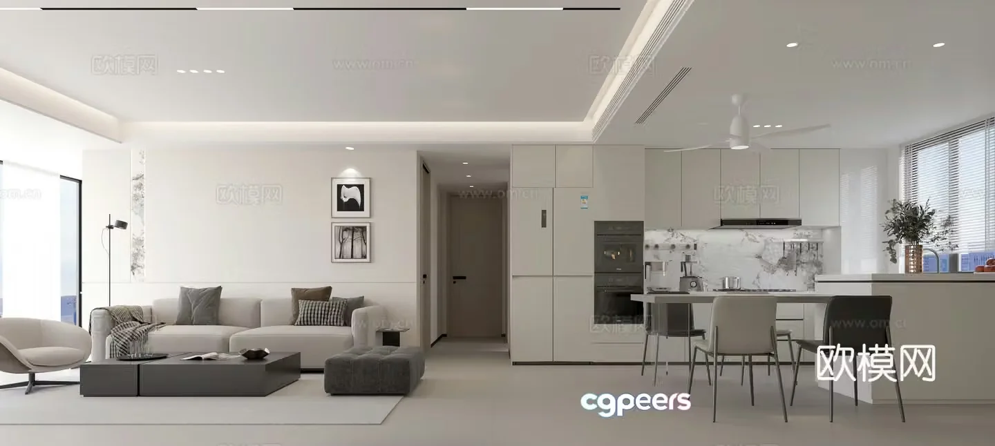 Modern minimalist living and dining room 3D model
