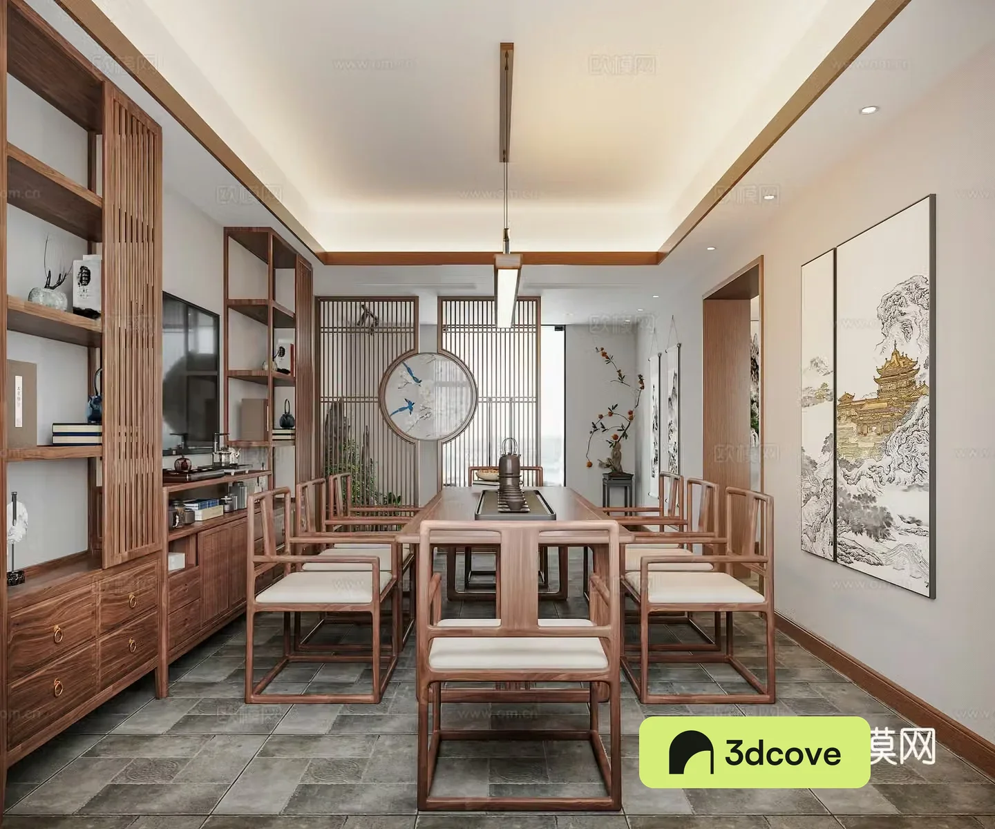 New Chinese style Chinese tea room Tea table and chair Chinese calligraphy and painting Tea room cabinet Tea set New Chinese style