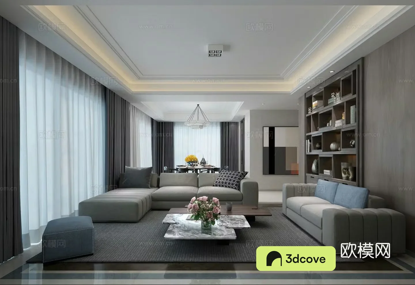 Modern living and dining room sofa coffee table chandeliers TV cabinet hanging painting side cabinet dining table chair