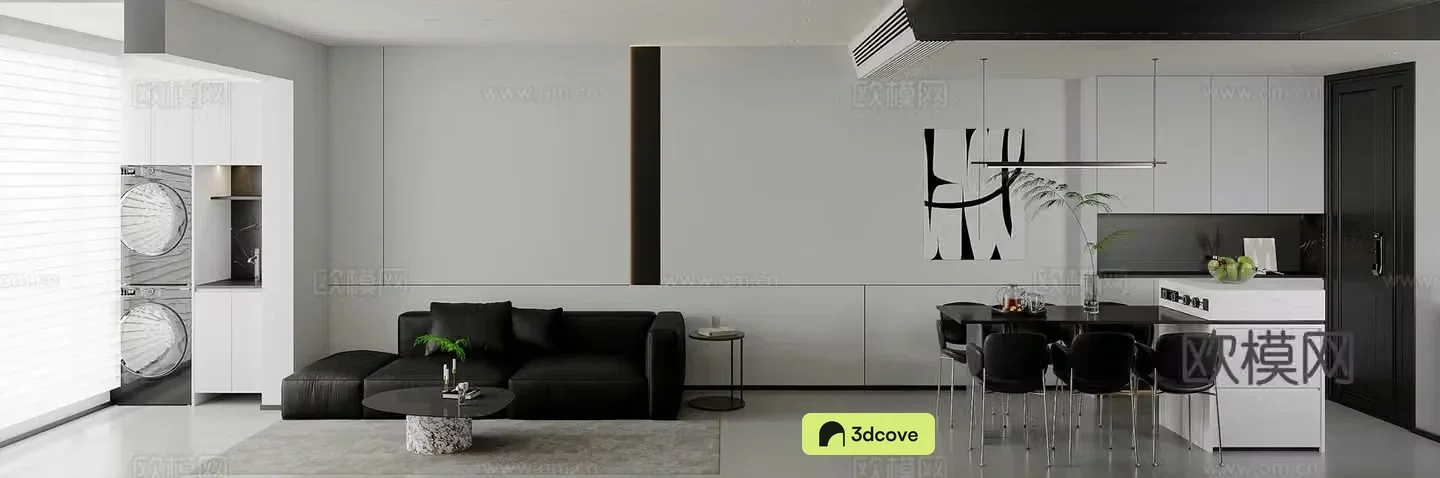 Modern simple black white and gray living room open kitchen