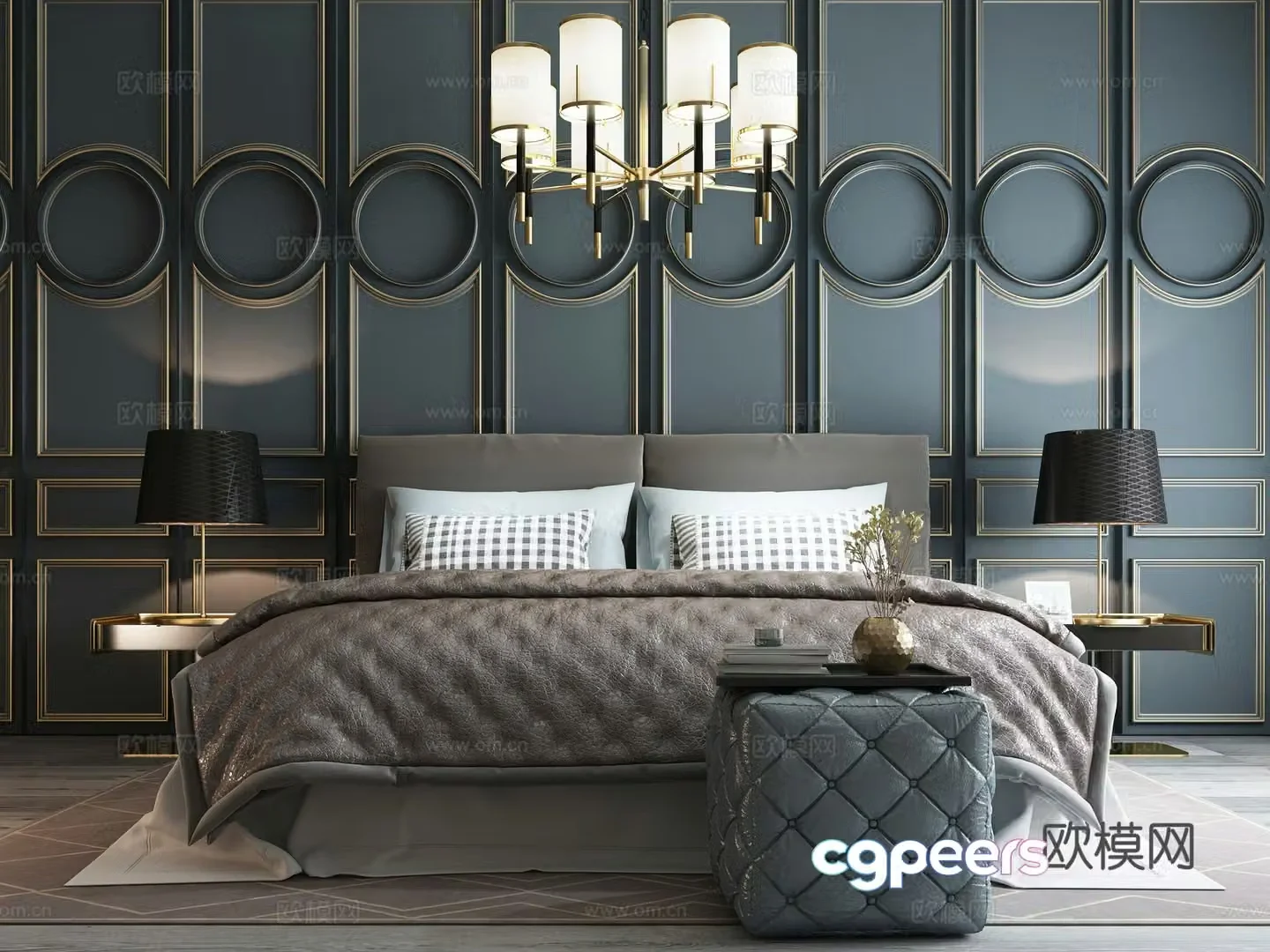 Modern bedding carpet chandelier bedside table lamp bed 3d model