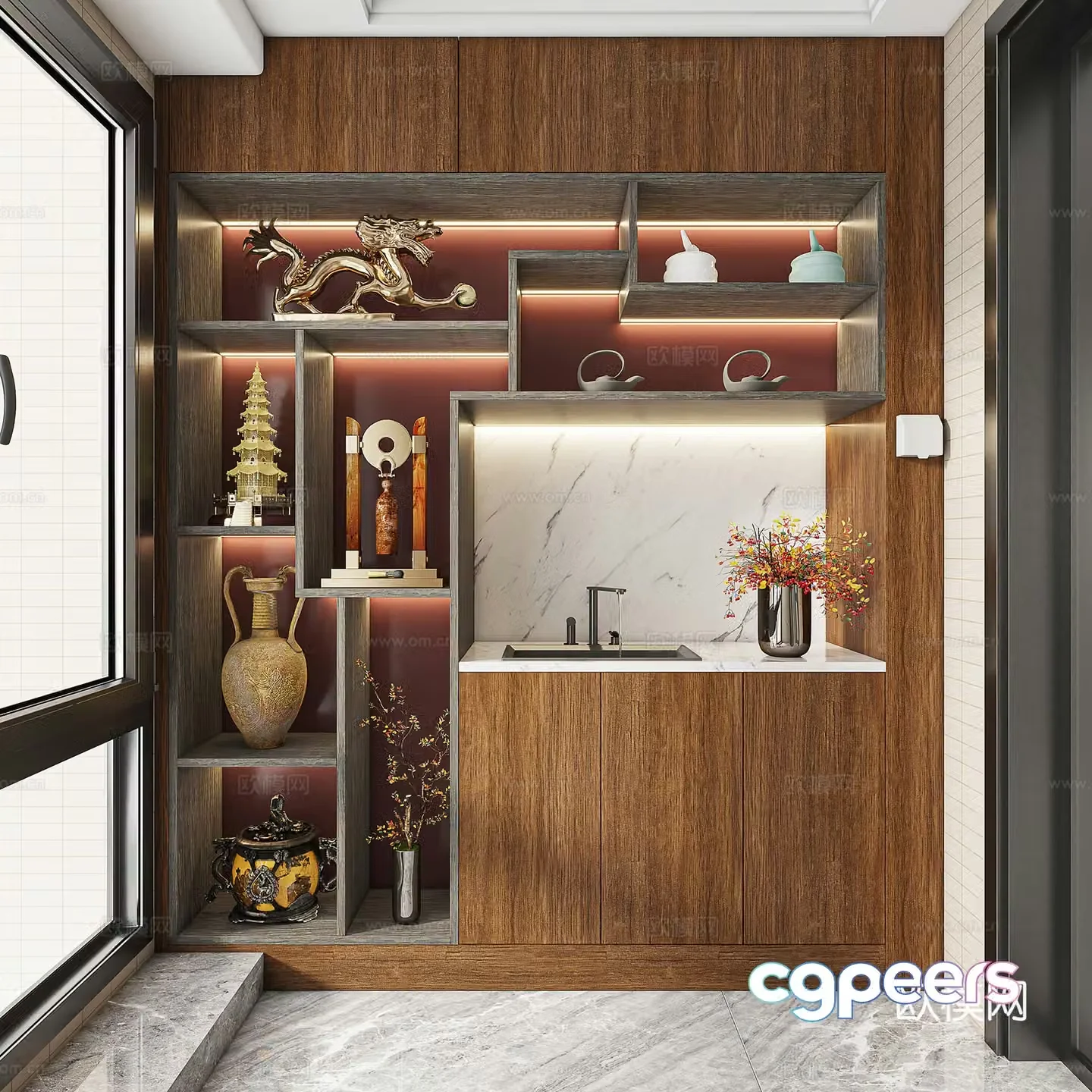 New Chinese style balcony cabinet decorative cabinet 3d model