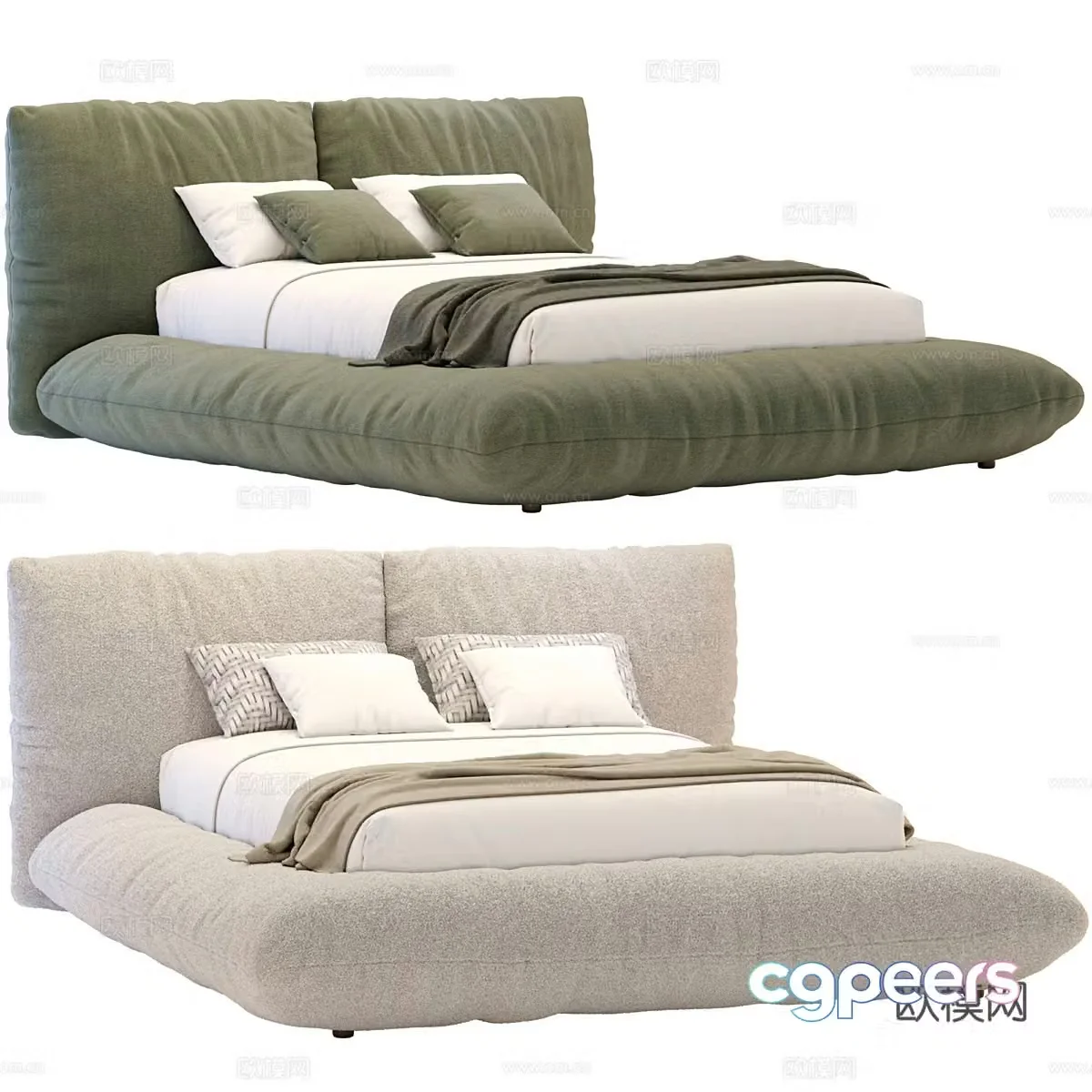 Modern cream style fabric double bed 3d model