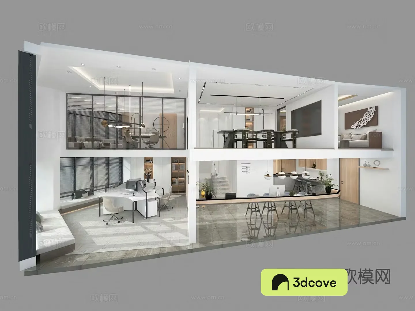 Modern office area half aerial view